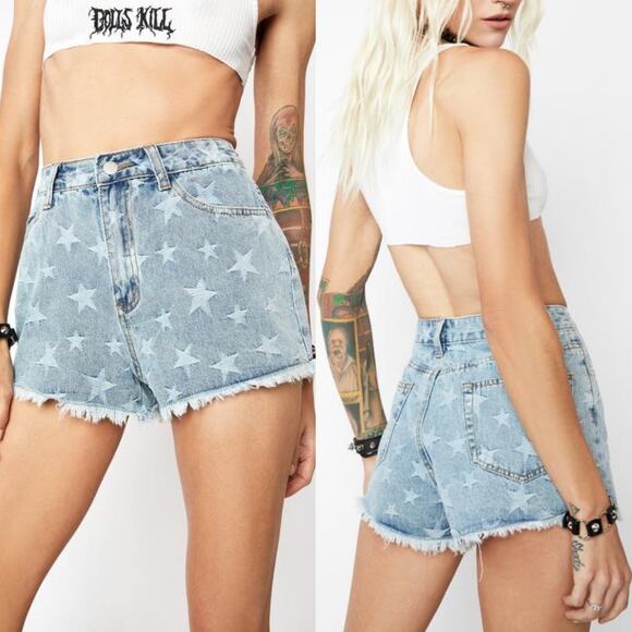 Le Lis Pants - Le Lis S Distressed Star Cutoff Raw Hem High Rise Blue Denim Jean Shorts
